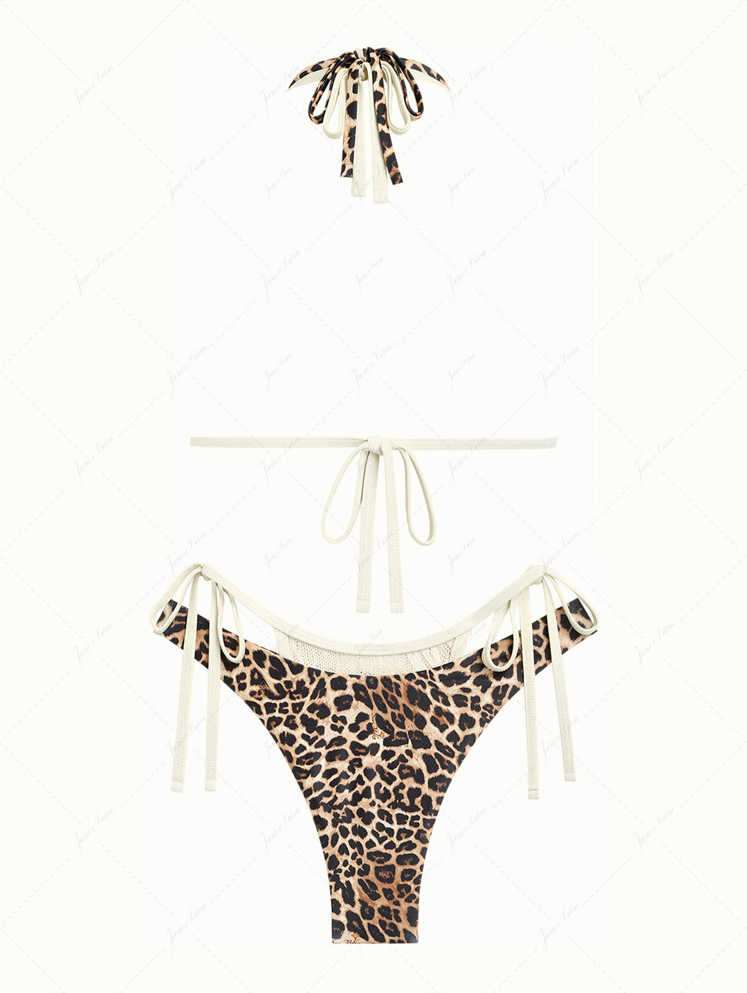 Coffee Leopard Print Contrast Lace O Ring Double Layer Bikini Set