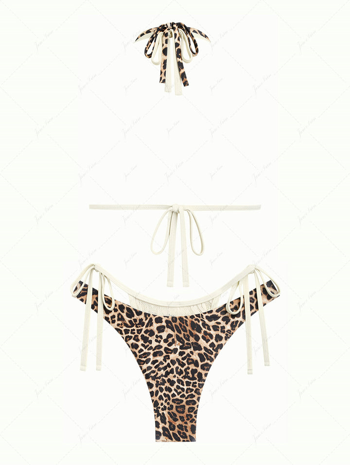 Coffee Leopard Print Contrast Lace O Ring Double Layer Bikini Set