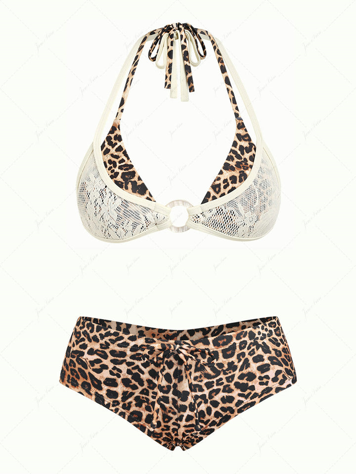 Coffee Leopard Print Lace O Ring Double Layer Top & Cheeky Boyshorts Bikini Set