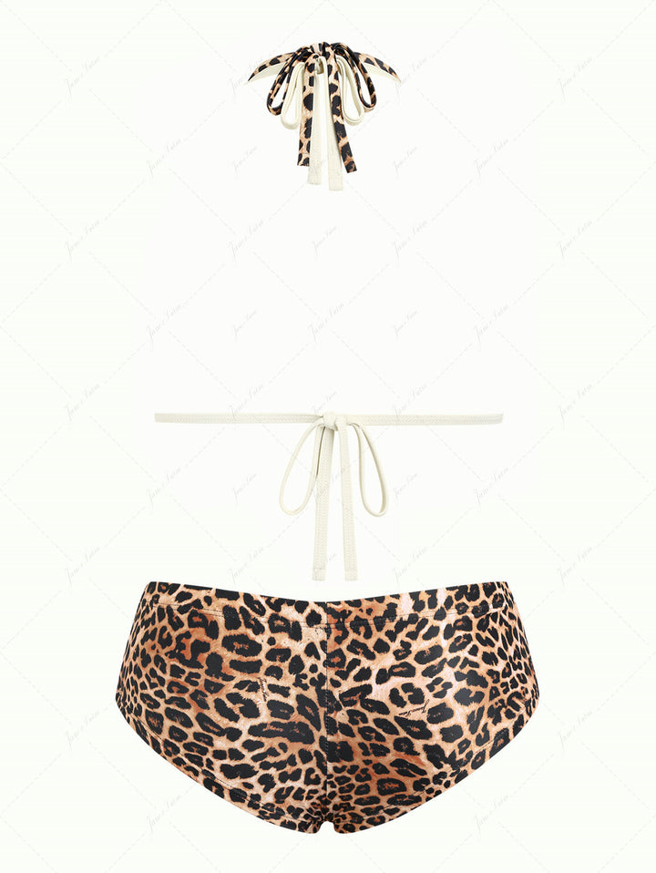 Coffee Leopard Print Lace O Ring Double Layer Top & Cheeky Boyshorts Bikini Set