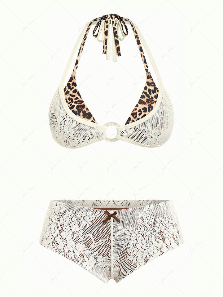 Crystal Cream Lace Leopard Print O Ring Double Layer Top & Cheeky Boyshorts Bikini Set