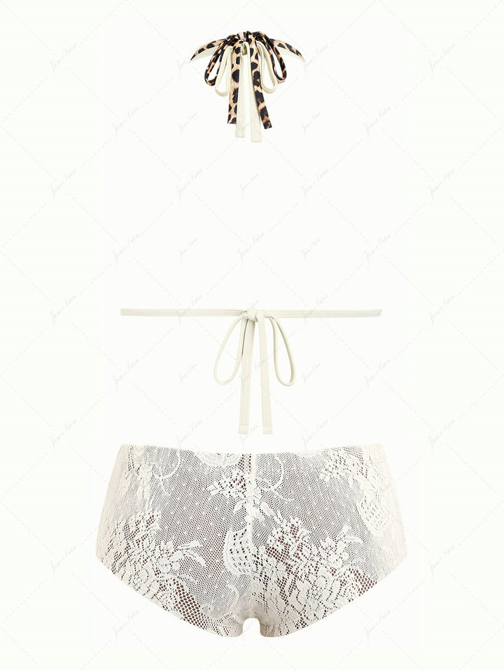Crystal Cream Lace Leopard Print O Ring Double Layer Top & Cheeky Boyshorts Bikini Set