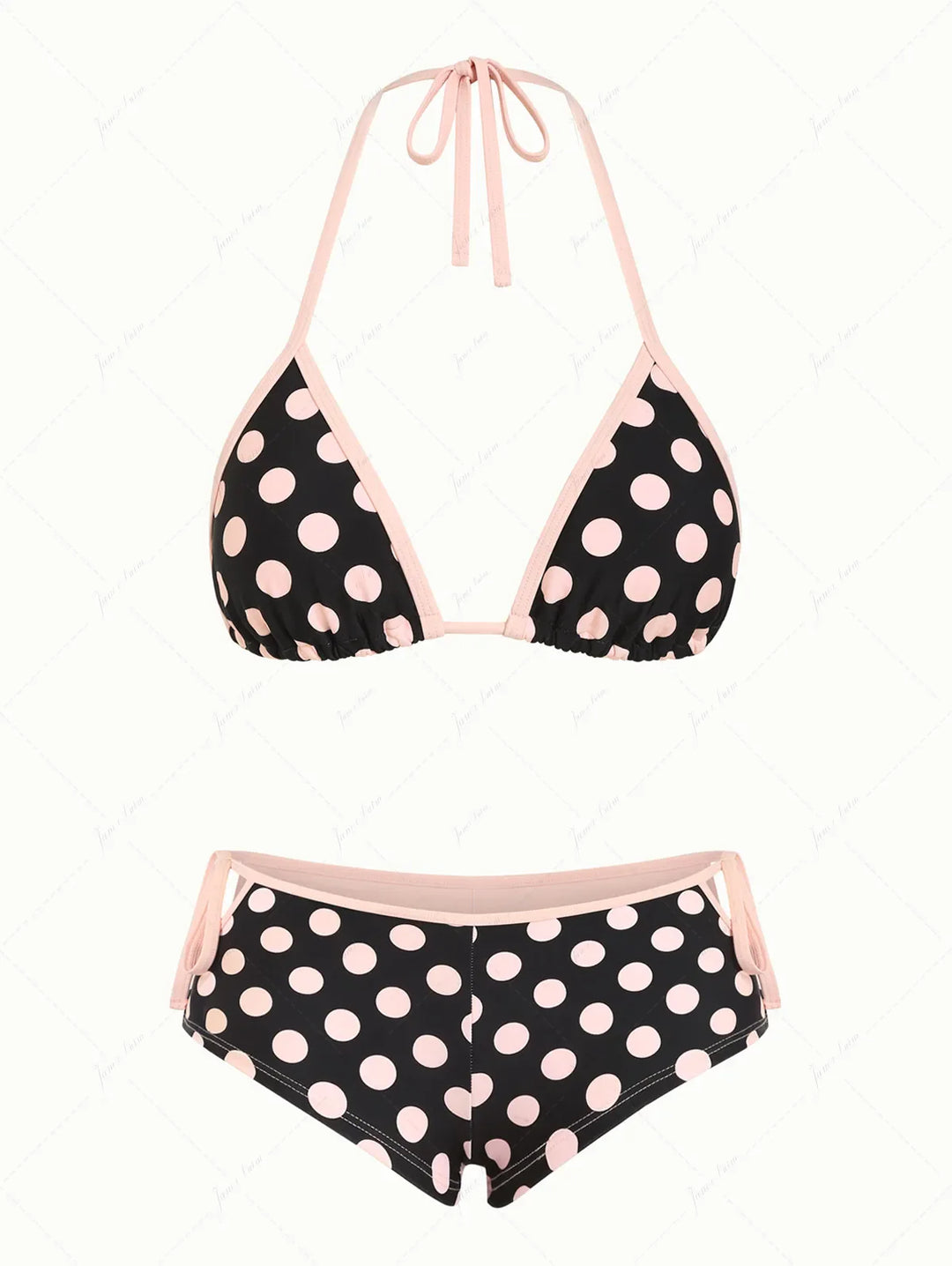 Pink Vintage Polka Dot Contrast Binding Cutout Tie Cheeky Boyshorts Bikini Set