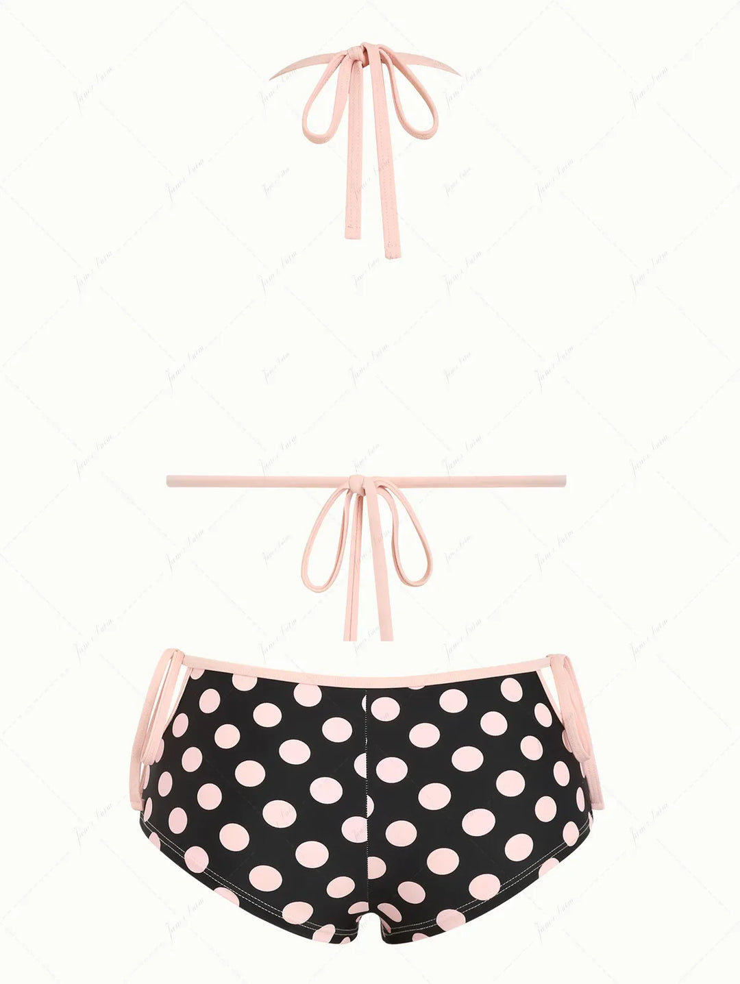 Pink Vintage Polka Dot Contrast Binding Cutout Tie Cheeky Boyshorts Bikini Set