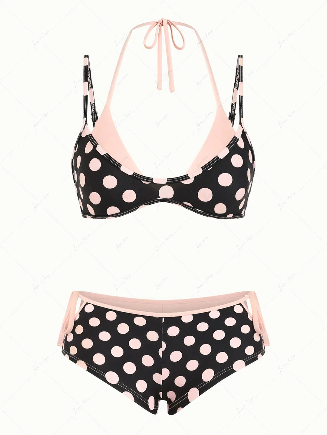 Pink Vintage Polka Dot Double Layer Top & Cutout Tie Cheeky Boyshorts Bikini Set