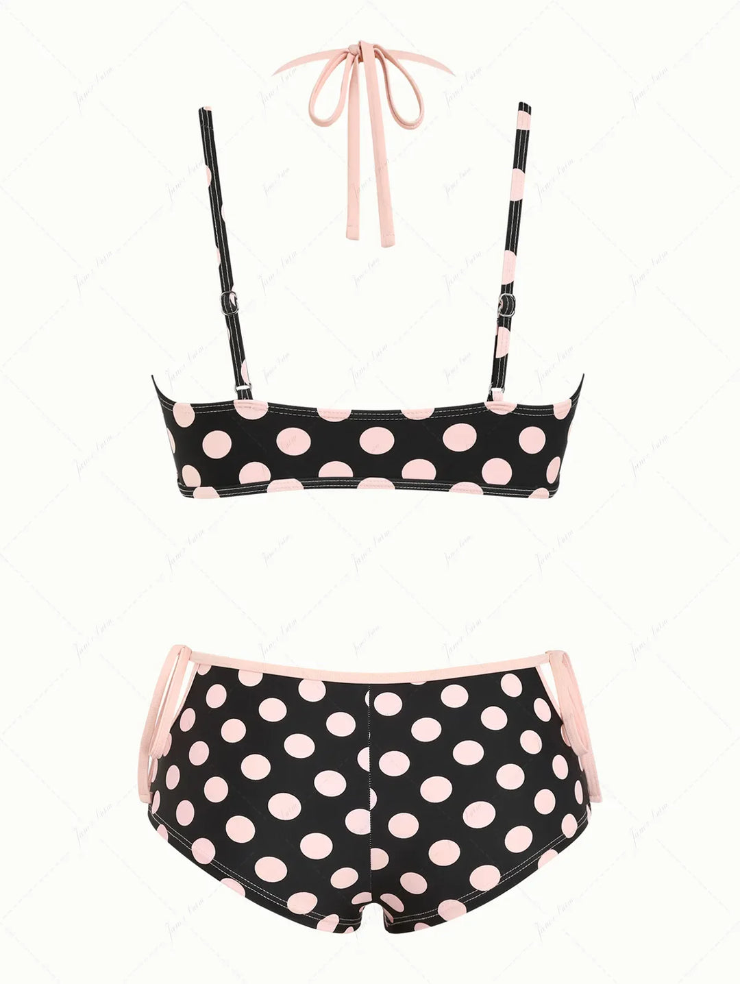 Pink Vintage Polka Dot Double Layer Top & Cutout Tie Cheeky Boyshorts Bikini Set