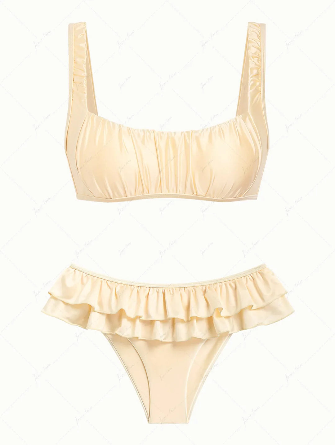 Champagne Satin Solid Color Ruched Bralette Layered Ruffles Skirtini Bikini Set