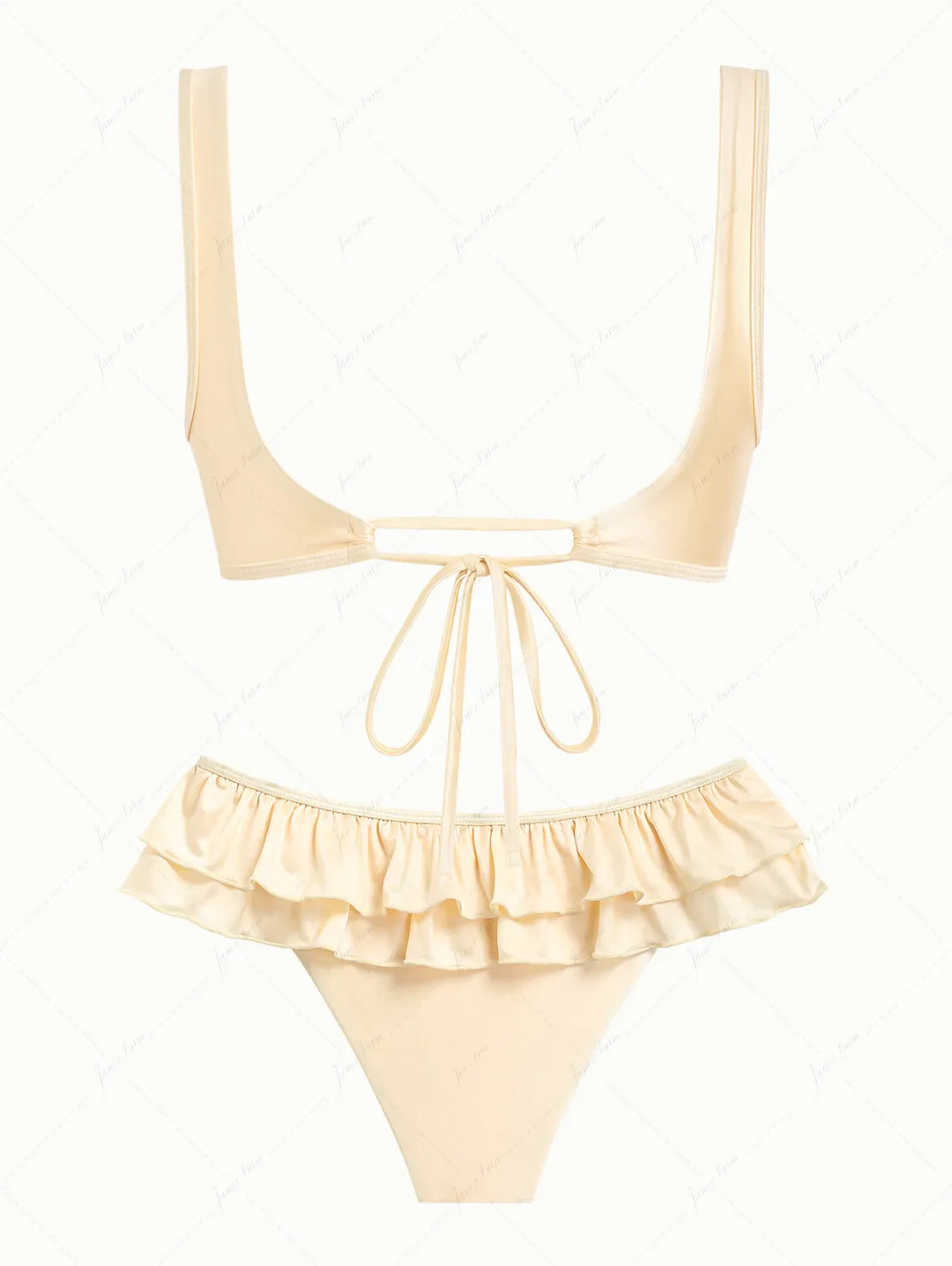 Champagne Satin Solid Color Ruched Bralette Layered Ruffles Skirtini Bikini Set