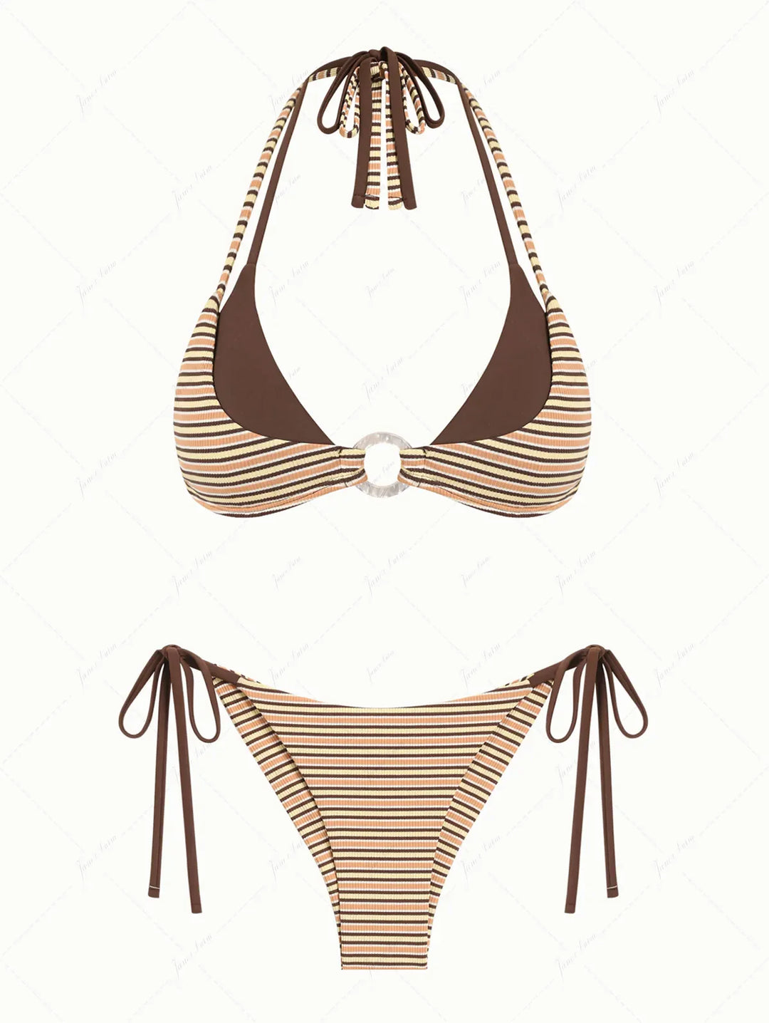 Yellow Ribbed Striped O Ring Double Layer Top & Cheeky Brazilian Bottom Bikini Set