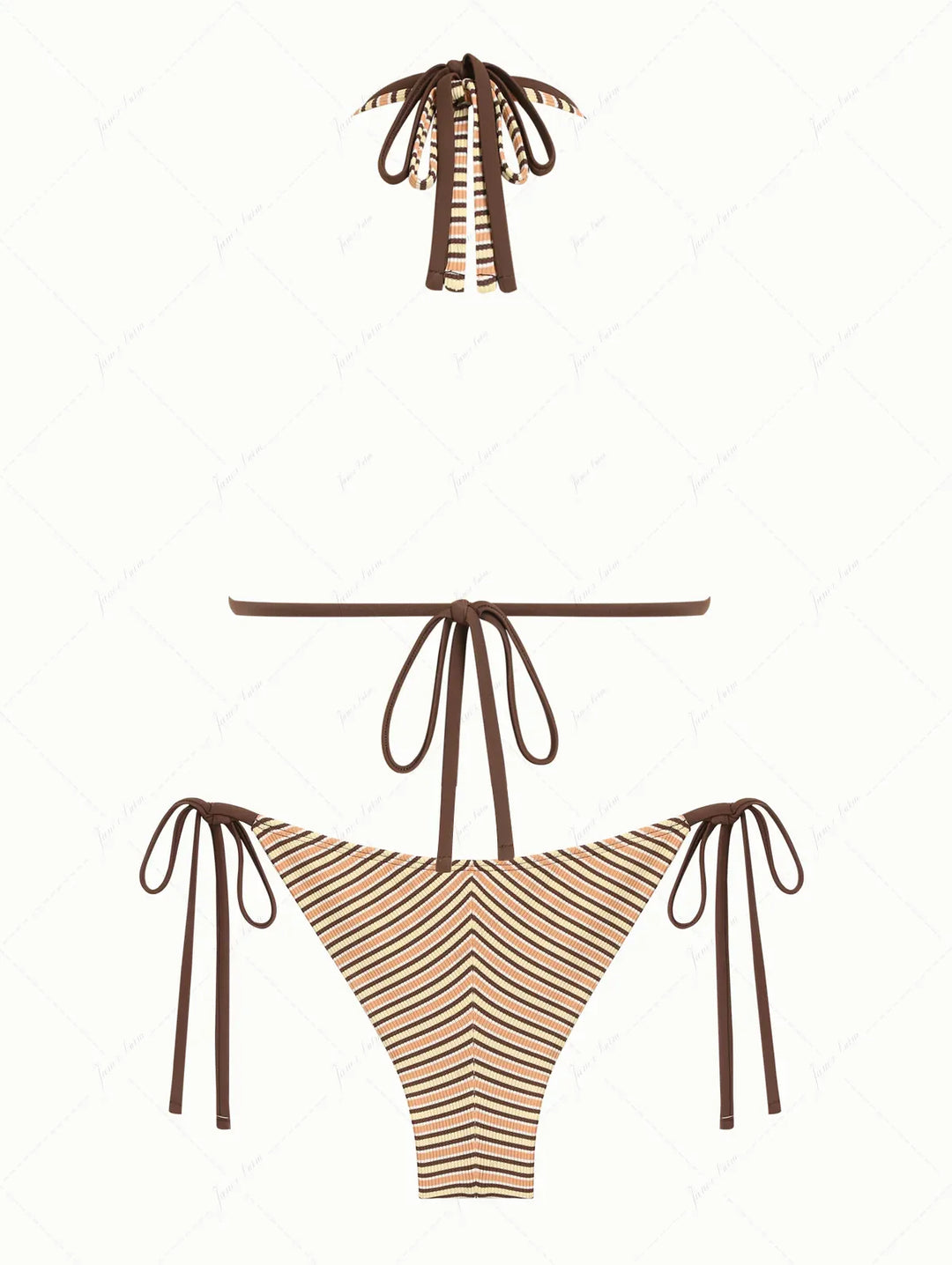 Yellow Ribbed Striped O Ring Double Layer Top & Cheeky Brazilian Bottom Bikini Set