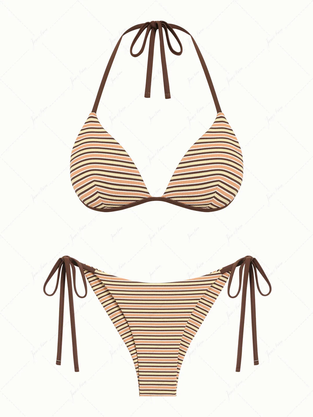 Yellow Ribbed Knit Striped Triangle Push Up Top & Cheeky Brazilian Bottom Bikini Set
