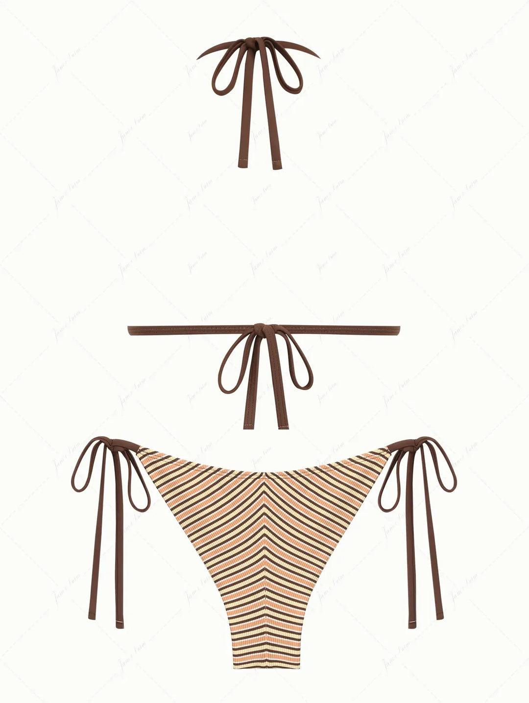 Yellow Ribbed Knit Striped Triangle Push Up Top & Cheeky Brazilian Bottom Bikini Set