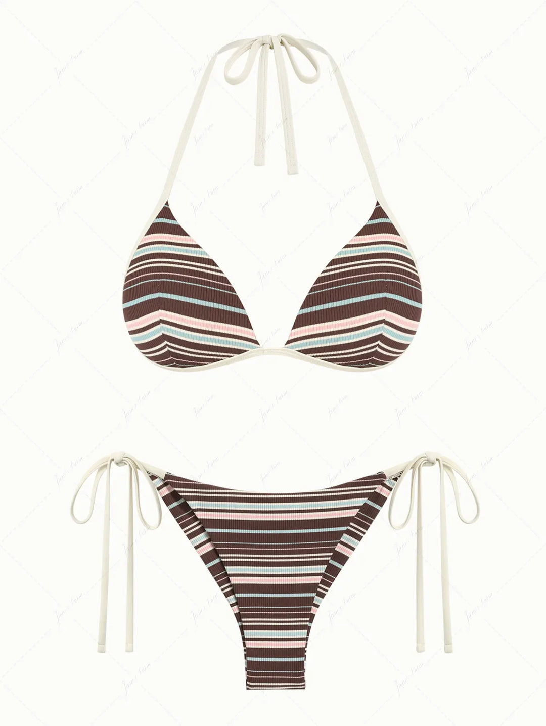 Deep Coffee Ribbed Knit Striped Triangle Push Up Top & Cheeky Brazilian Bottom Bikini Set
