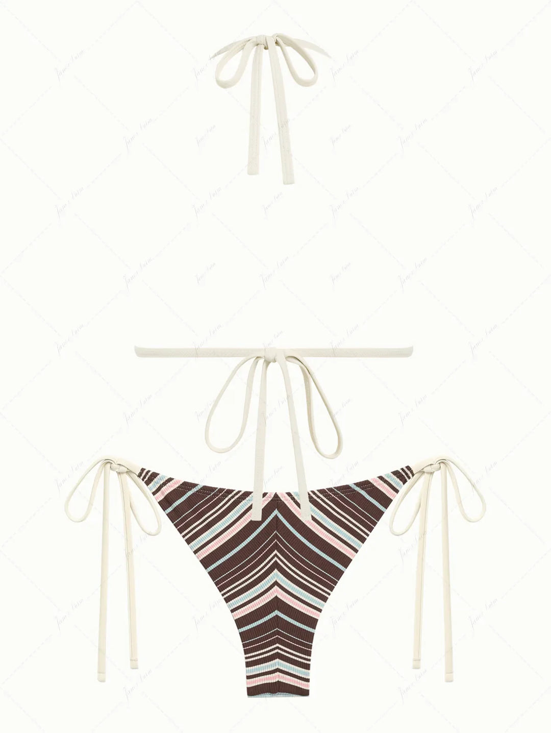 Deep Coffee Ribbed Knit Striped Triangle Push Up Top & Cheeky Brazilian Bottom Bikini Set