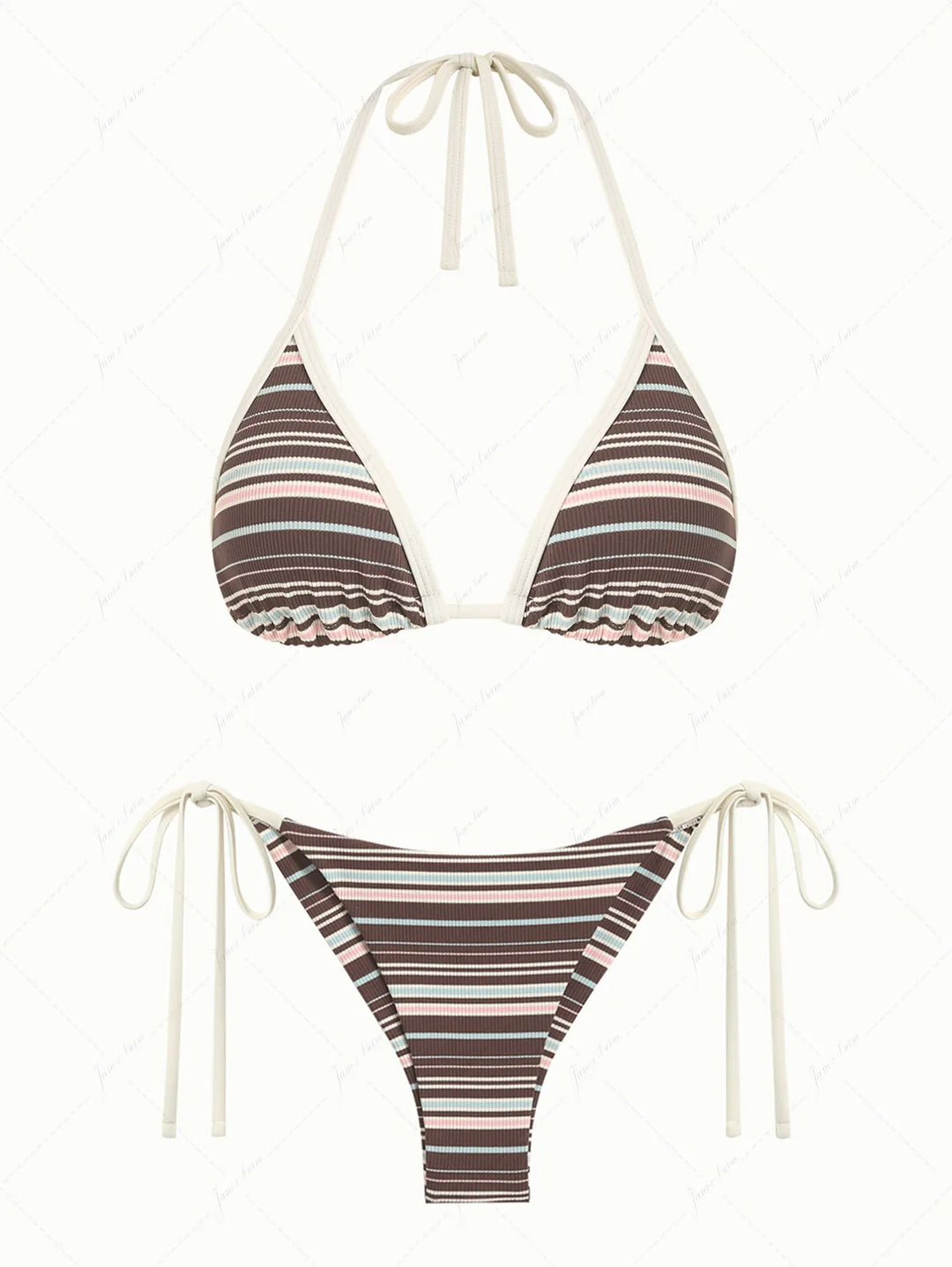 Deep Coffee Ribbed Knit Striped Contrast Binding Triangle Top & Cheeky Brazilian Bottom Bikini Set