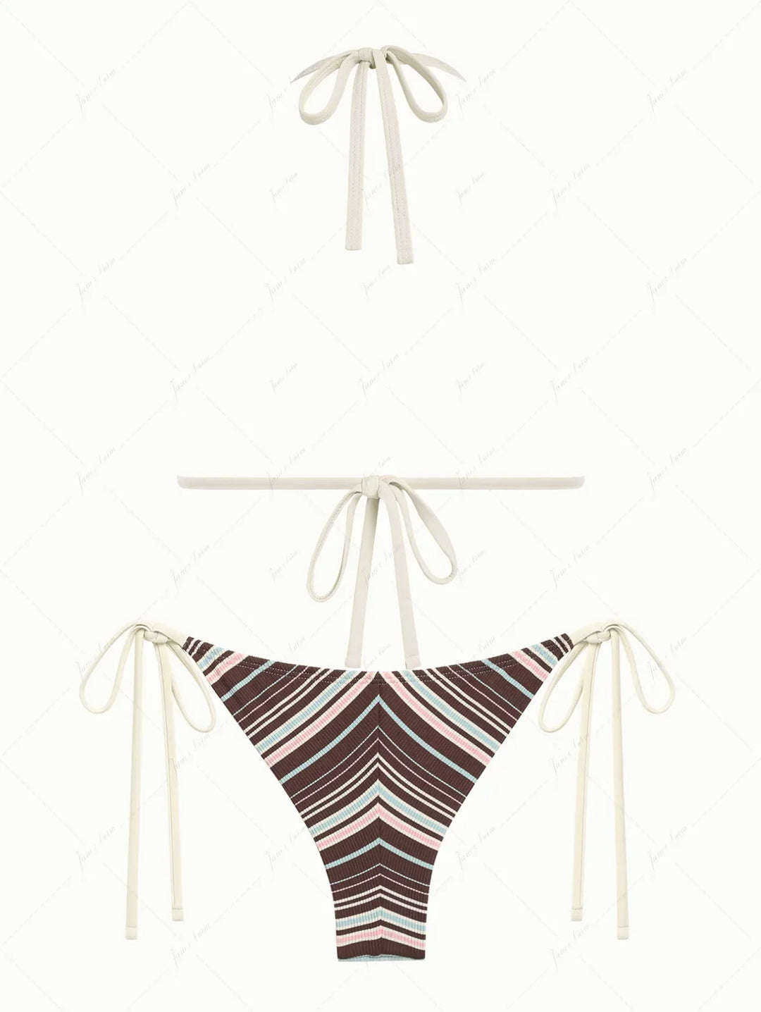 Deep Coffee Ribbed Knit Striped Contrast Binding Triangle Top & Cheeky Brazilian Bottom Bikini Set