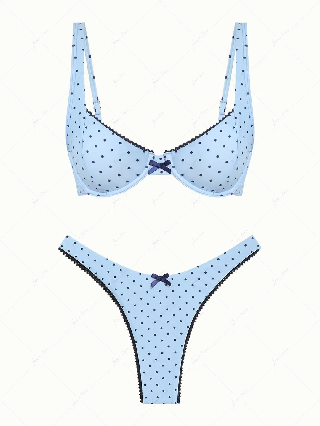 Light Blue Polka Dot Lace Bowknot Underwire Bikini Set