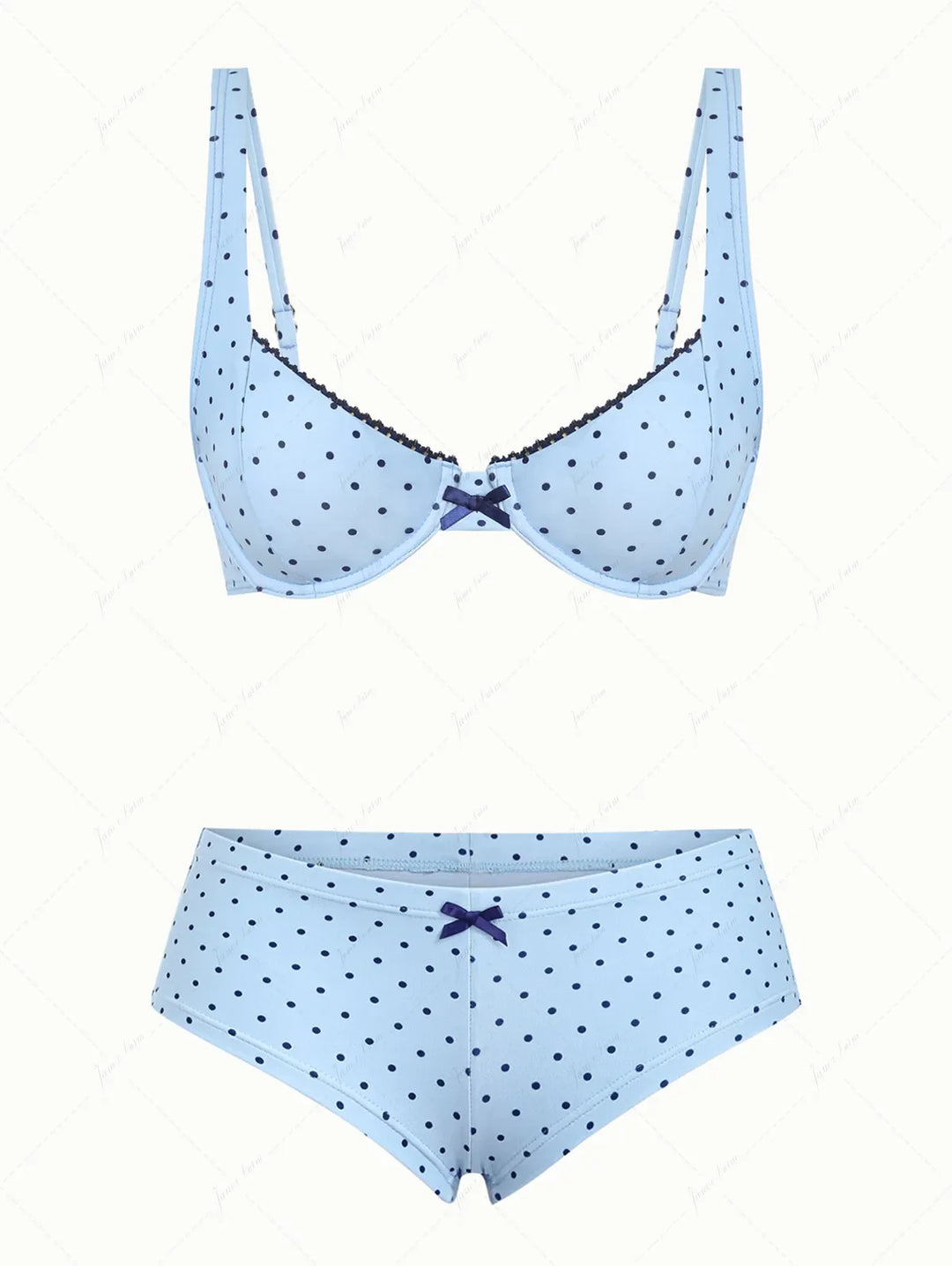 Light Blue Polka Dot Lace Bowknot Underwire Cheeky Boyshorts Bikini Set
