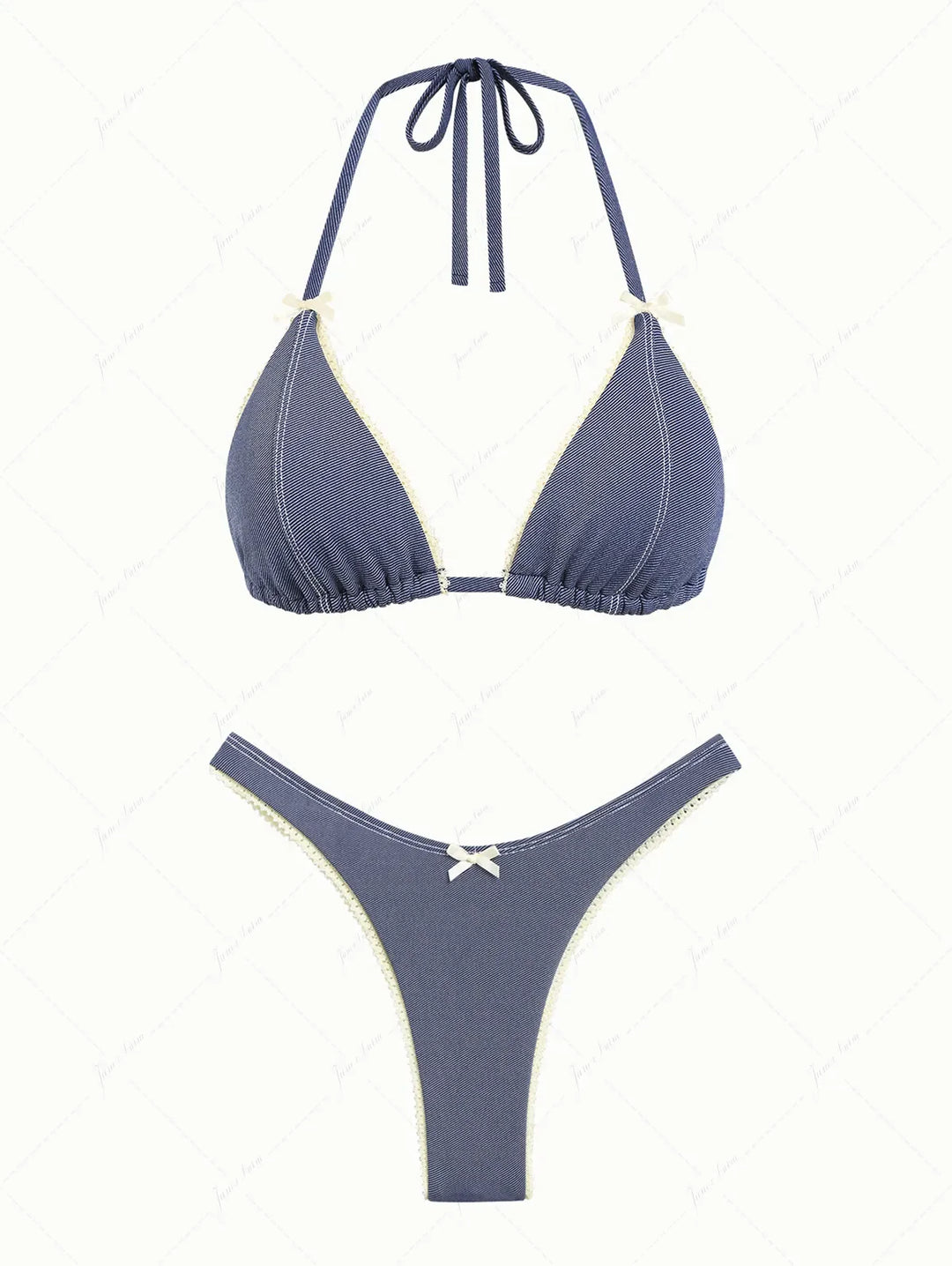 Deep Blue Denim Lace Bowknot Halter Triangle Bikini Set