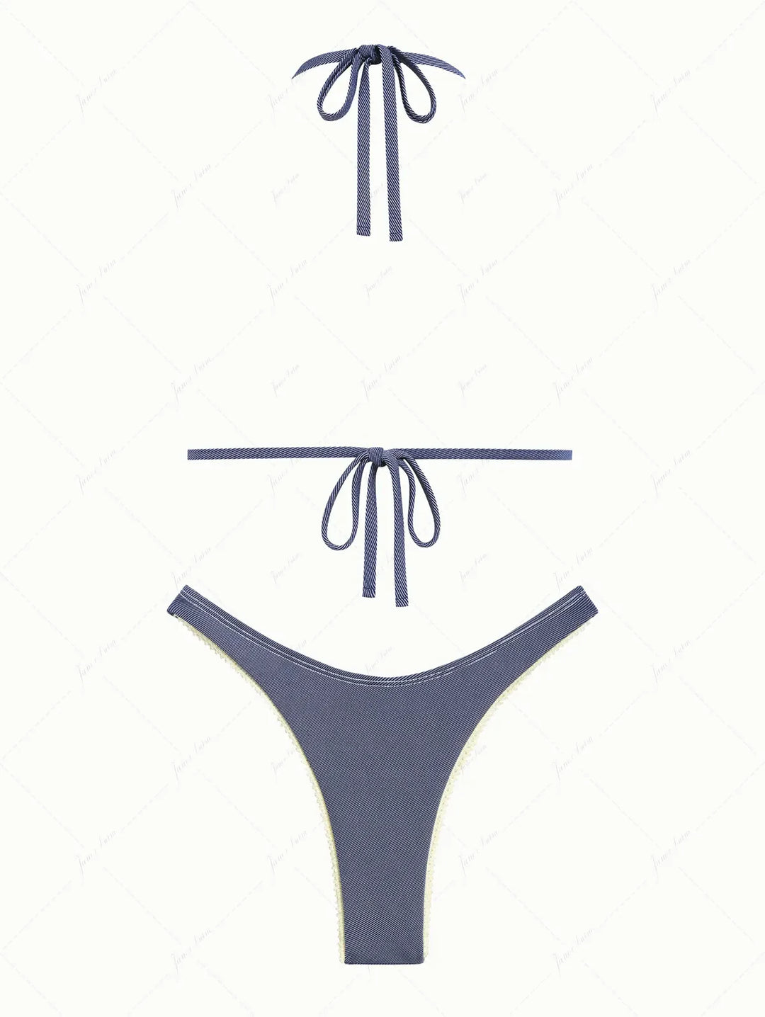 Deep Blue Denim Lace Bowknot Halter Triangle Bikini Set