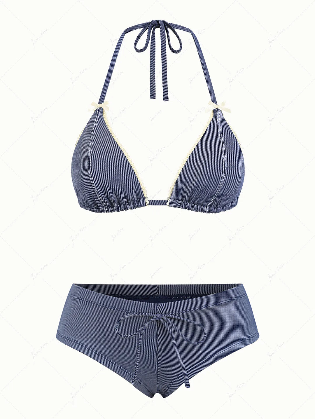 Deep Blue Denim Lace Bowknot Halter Triangle Cheeky Boyshorts Bikini Set