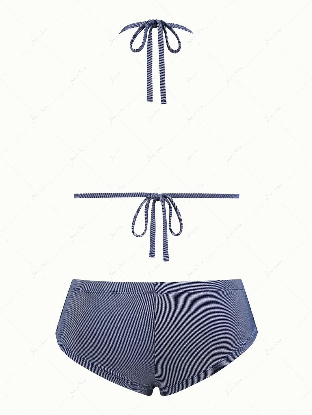 Deep Blue Denim Lace Bowknot Halter Triangle Cheeky Boyshorts Bikini Set