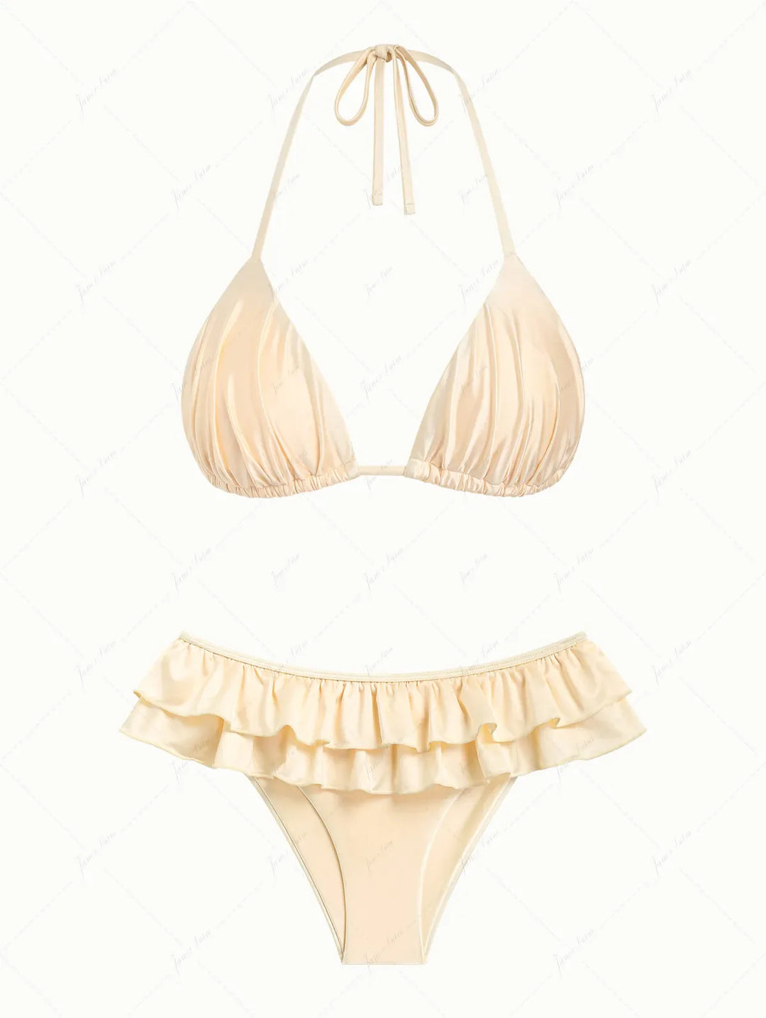 Champagne Satin Solid Color Ruched Halter Triangle Skirtini Bikini Set