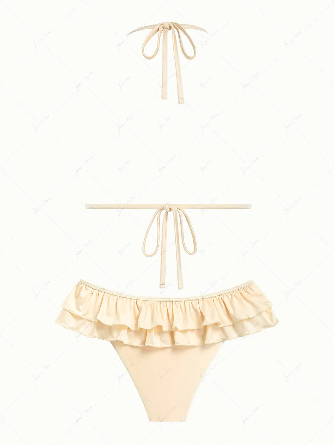 Champagne Satin Solid Color Ruched Halter Triangle Skirtini Bikini Set