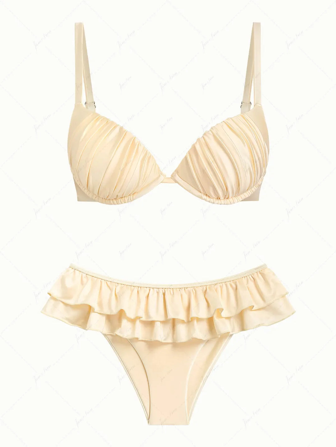 Champagne Satin Ruched Underwire Push Up Skirtini Bikini Set