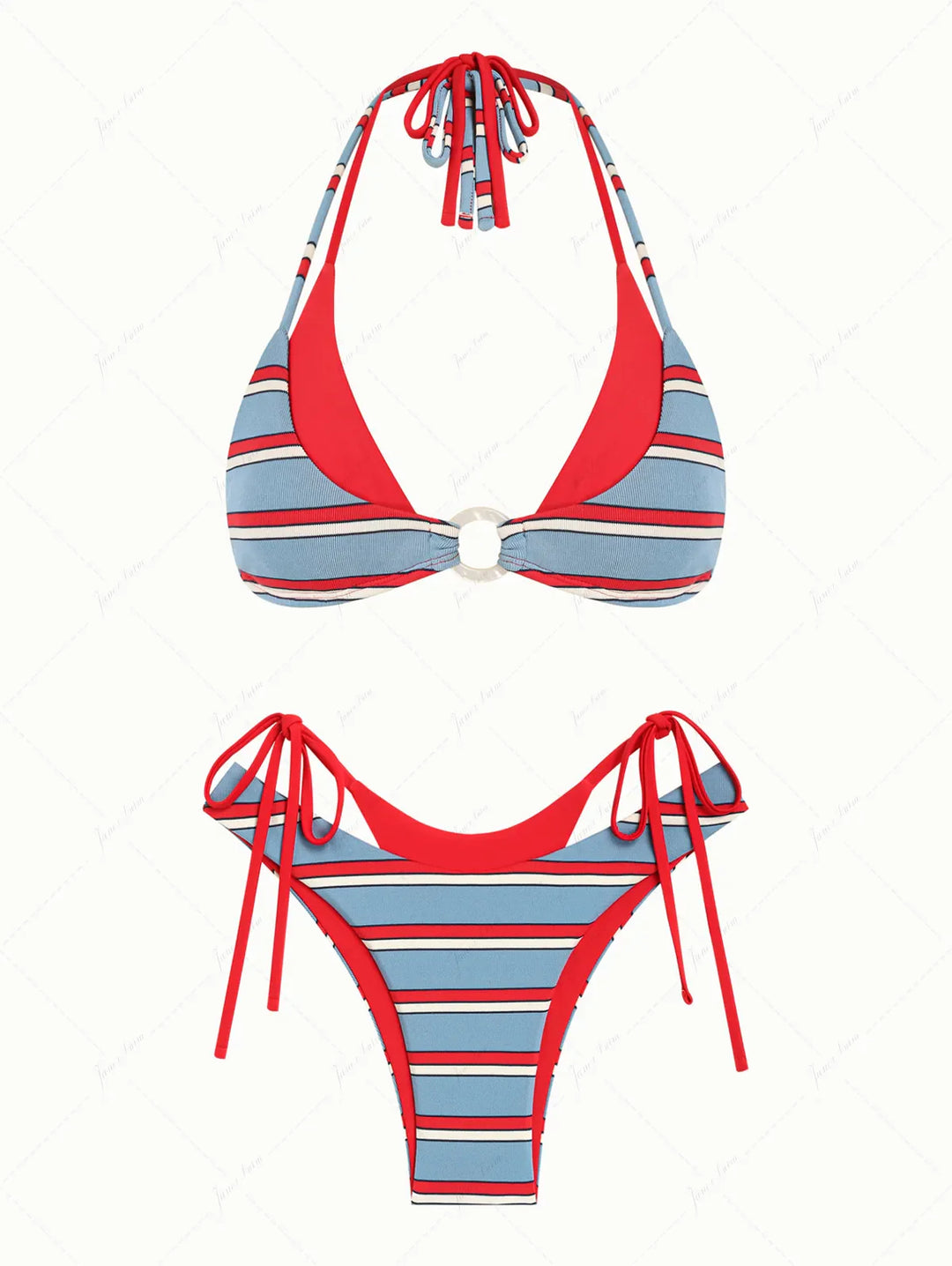 Blue Striped Contrast Color O Ring Double Layer Bikini Set
