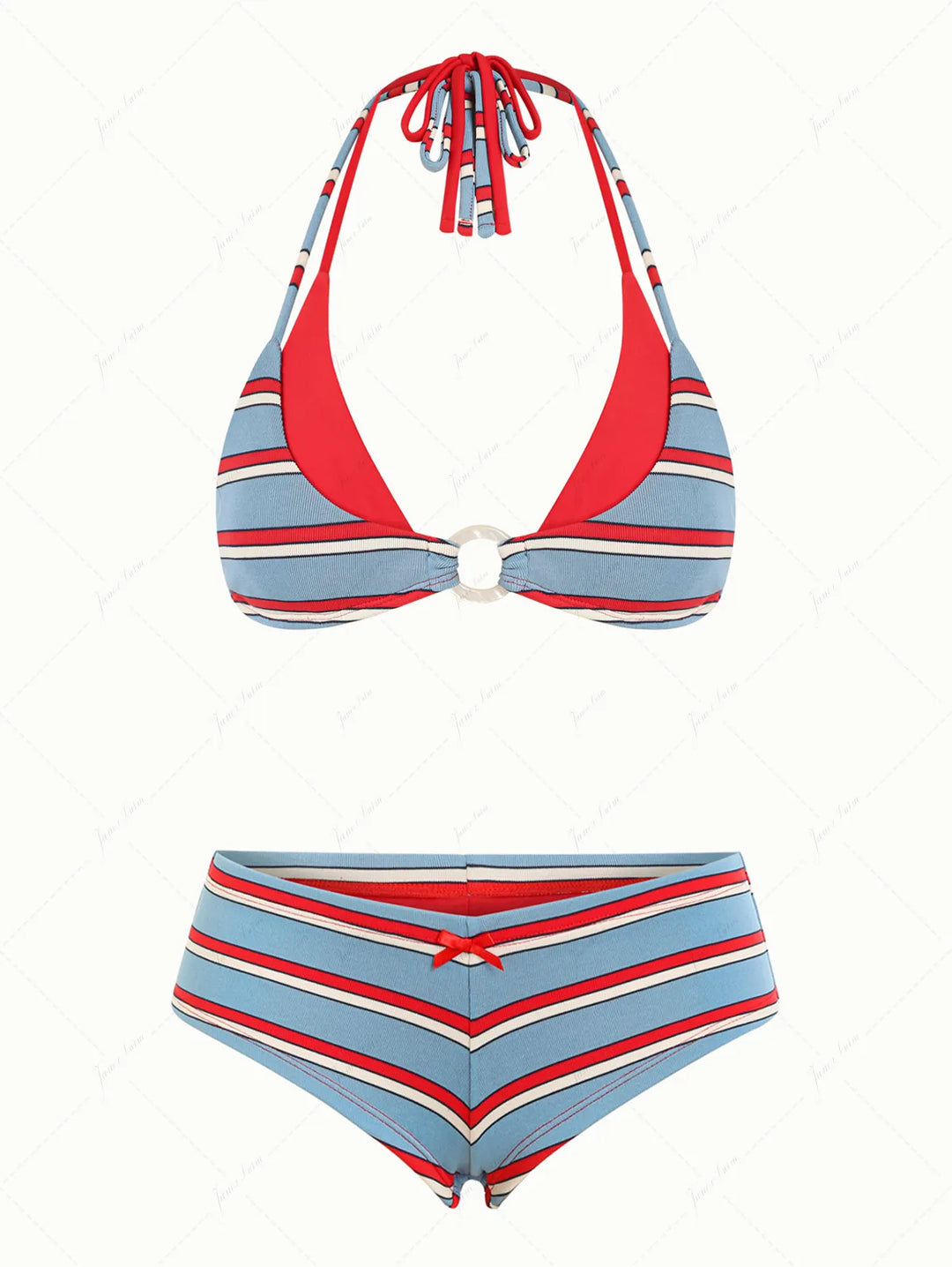 Blue Striped Contrast Color O Ring Double Layer Top & Cheeky Boyshorts Bikini Set