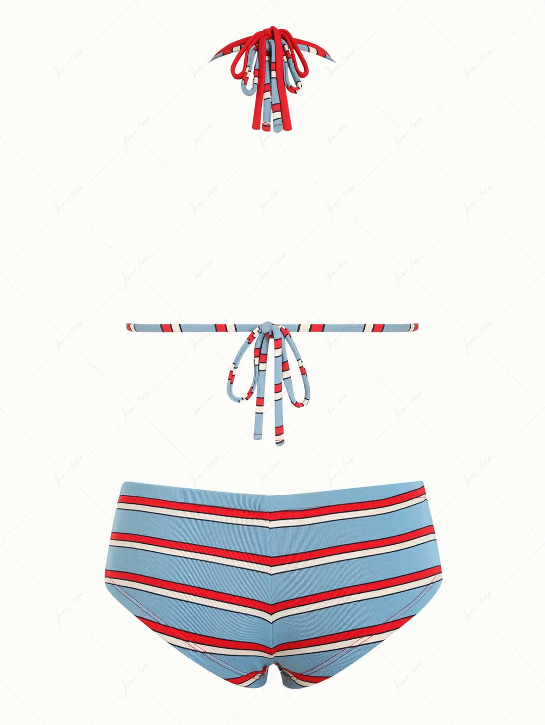 Blue Striped Contrast Color O Ring Double Layer Top & Cheeky Boyshorts Bikini Set
