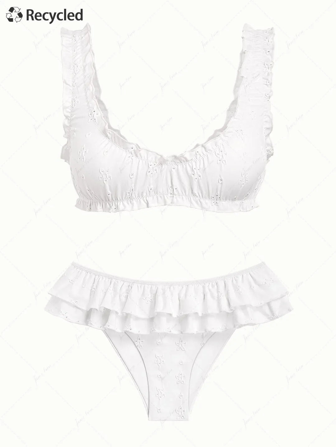 White Recycled Fabric Jacquard Ruffles Edge Bralette Skirtini Bikini Set