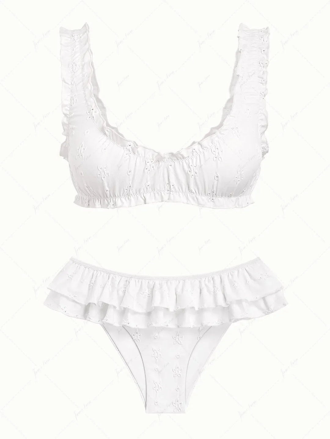 White Recycled Fabric Jacquard Ruffles Edge Bralette Skirtini Bikini Set