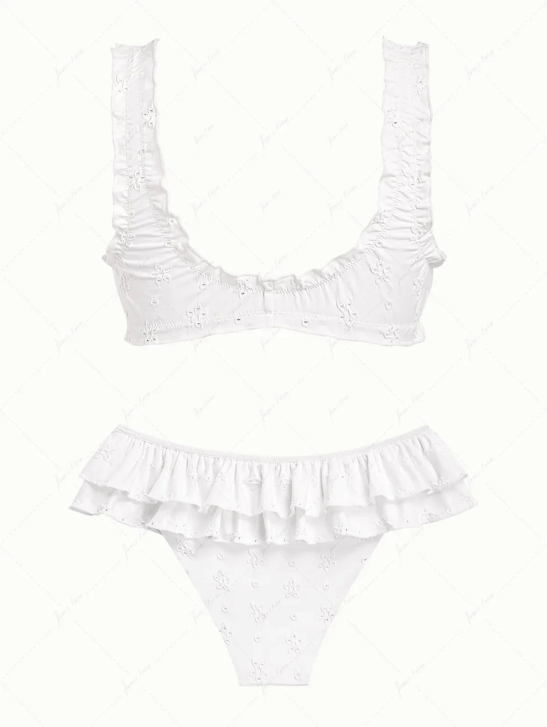 White Recycled Fabric Jacquard Ruffles Edge Bralette Skirtini Bikini Set