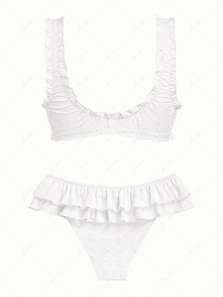 White Recycled Fabric Jacquard Ruffles Edge Bralette Skirtini Bikini Set