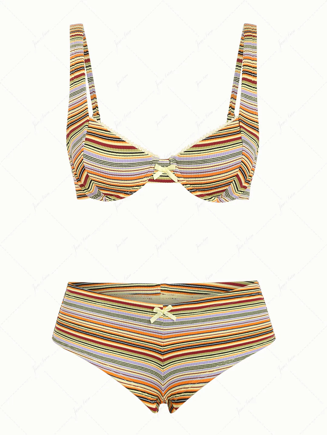 Yellow Ribbed Knit Striped Bowknot Underwire Cheeky Boyshorts Bikini Set