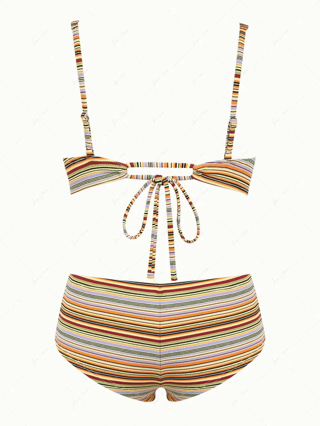 Yellow Ribbed Knit Striped Bowknot Underwire Cheeky Boyshorts Bikini Set