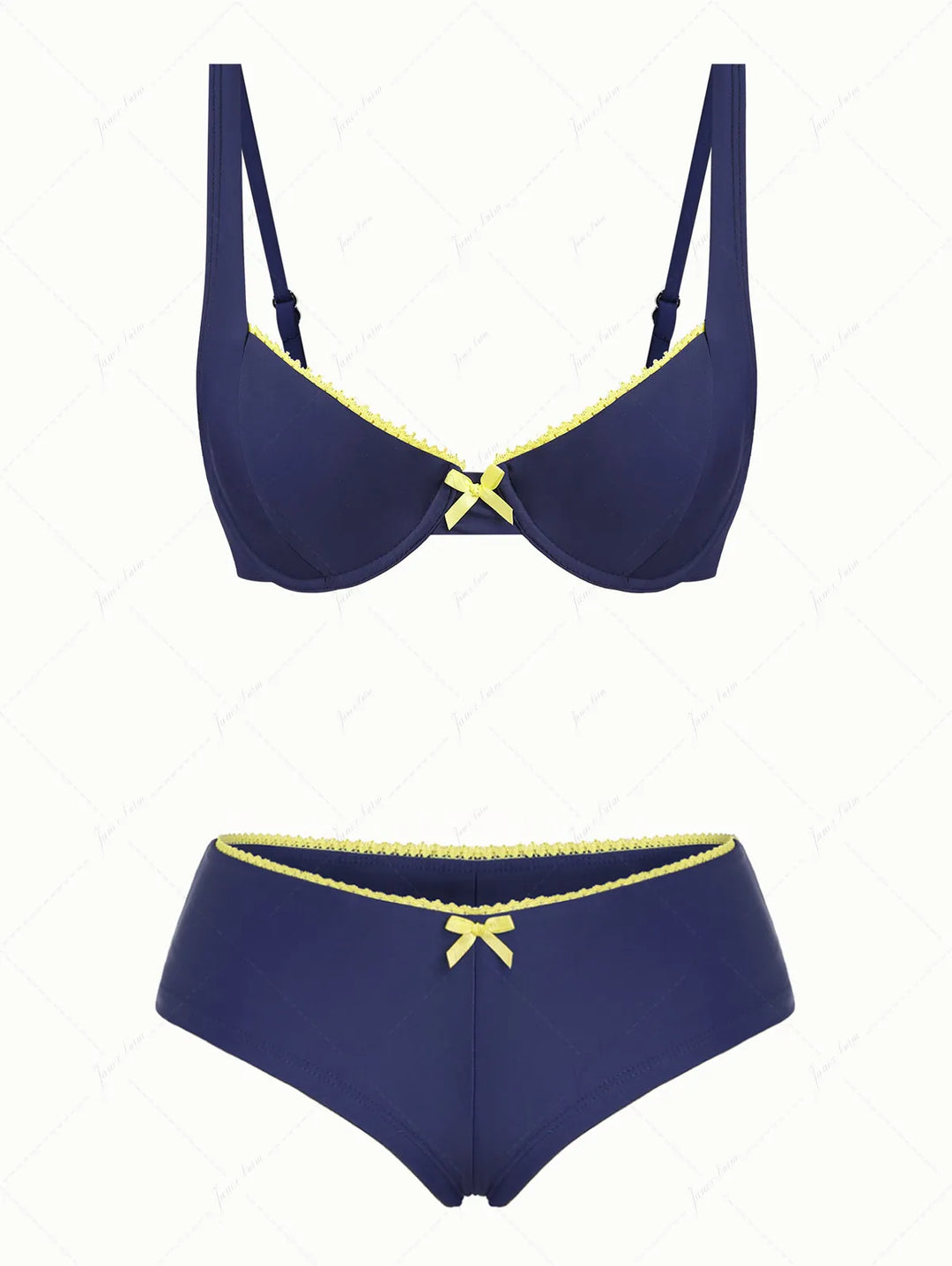 Deep Blue Contrast Lace Bowknot Underwire Cheeky Boyshorts Bikini Set