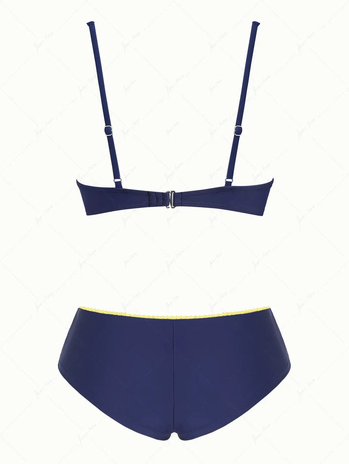 Deep Blue Contrast Lace Bowknot Underwire Cheeky Boyshorts Bikini Set