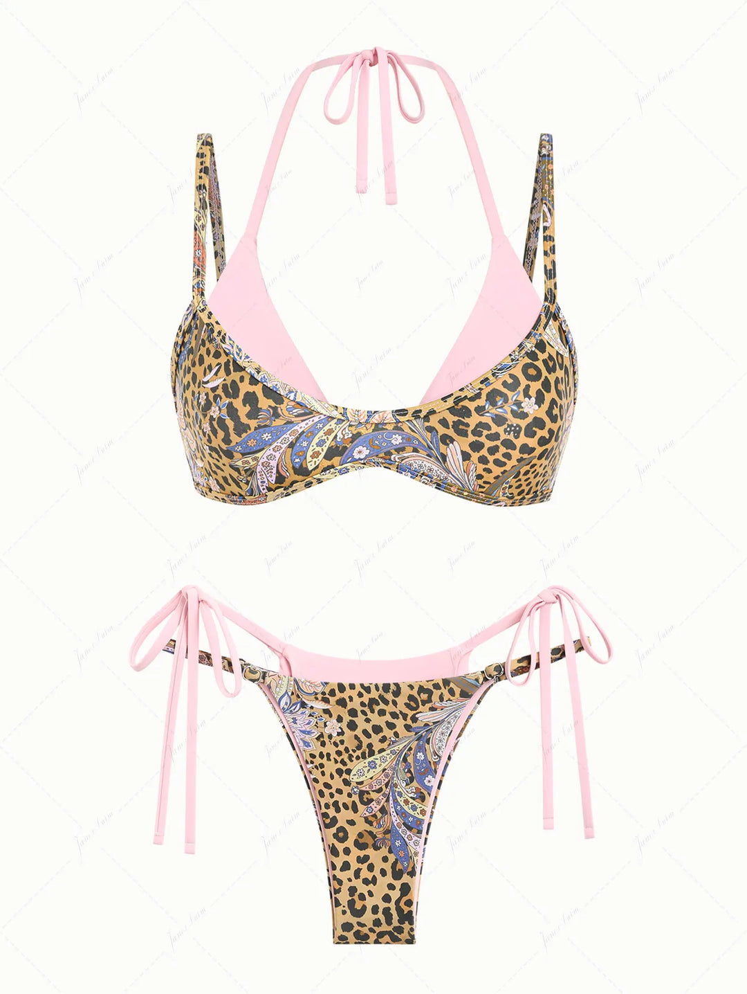 Brown Leopard Paisley Print Contrast Color String Double Layer Bikini Set
