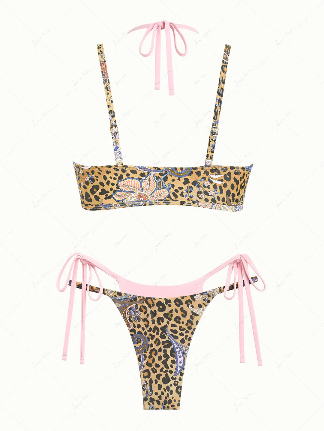 Brown Leopard Paisley Print Contrast Color String Double Layer Bikini Set