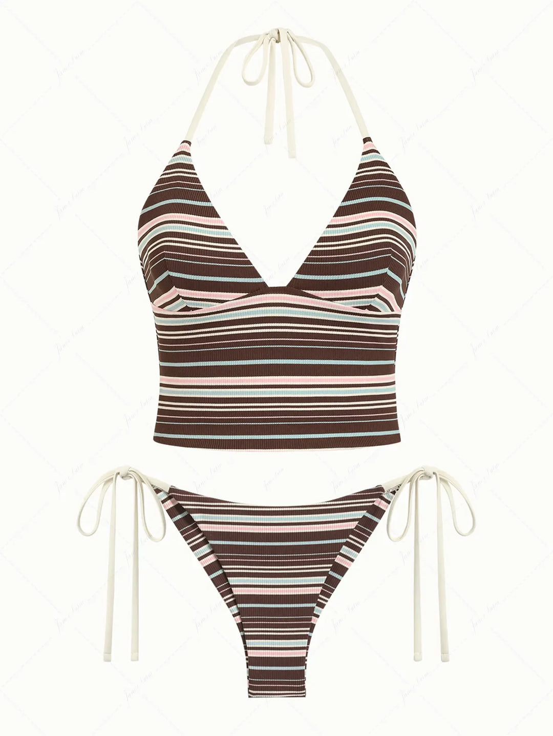 Deep Coffee Ribbed Striped Halter Tied Back Top & Cheeky Brazilian Bottom Tankini Set