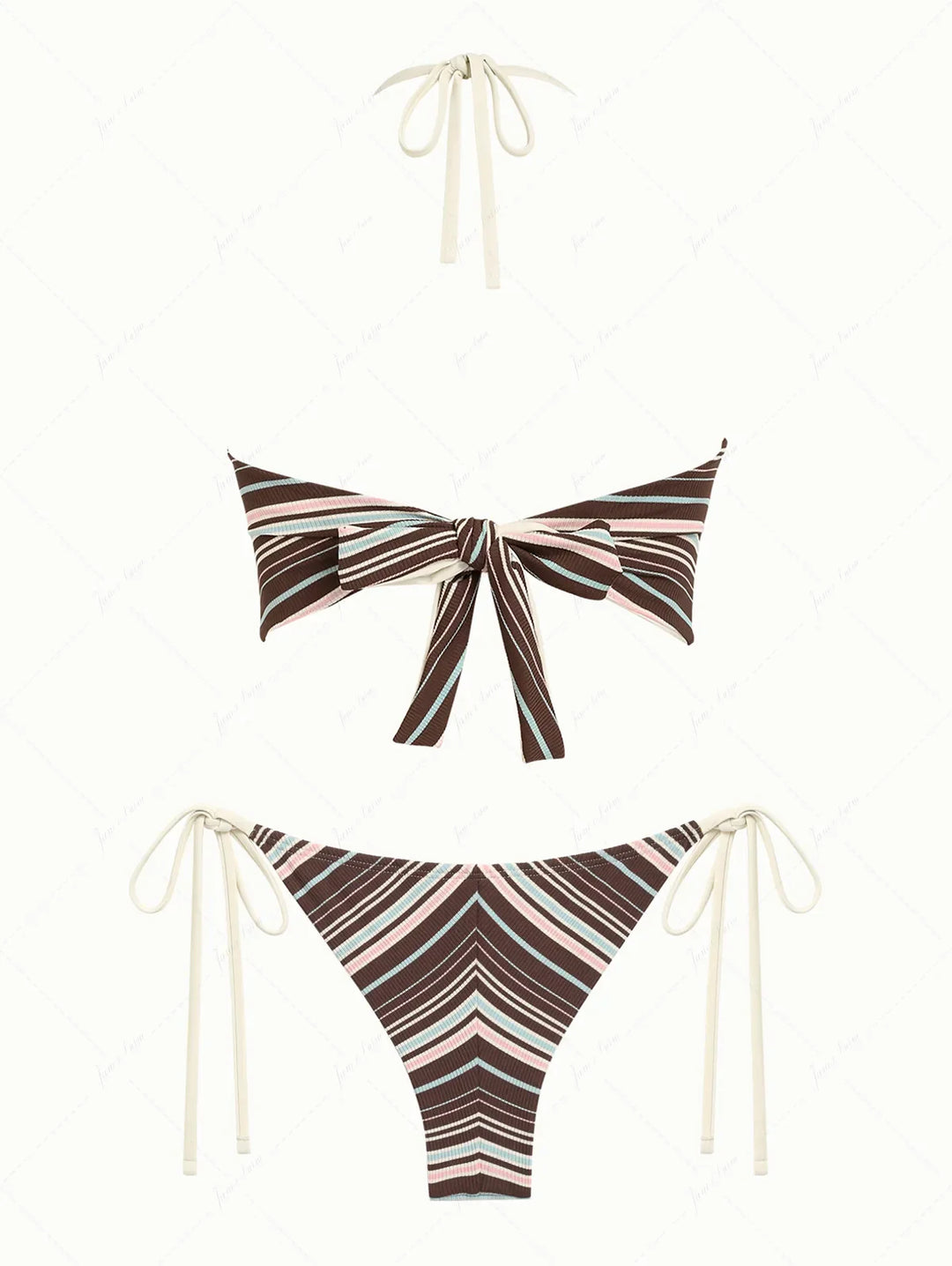 Deep Coffee Ribbed Striped Halter Tied Back Top & Cheeky Brazilian Bottom Tankini Set