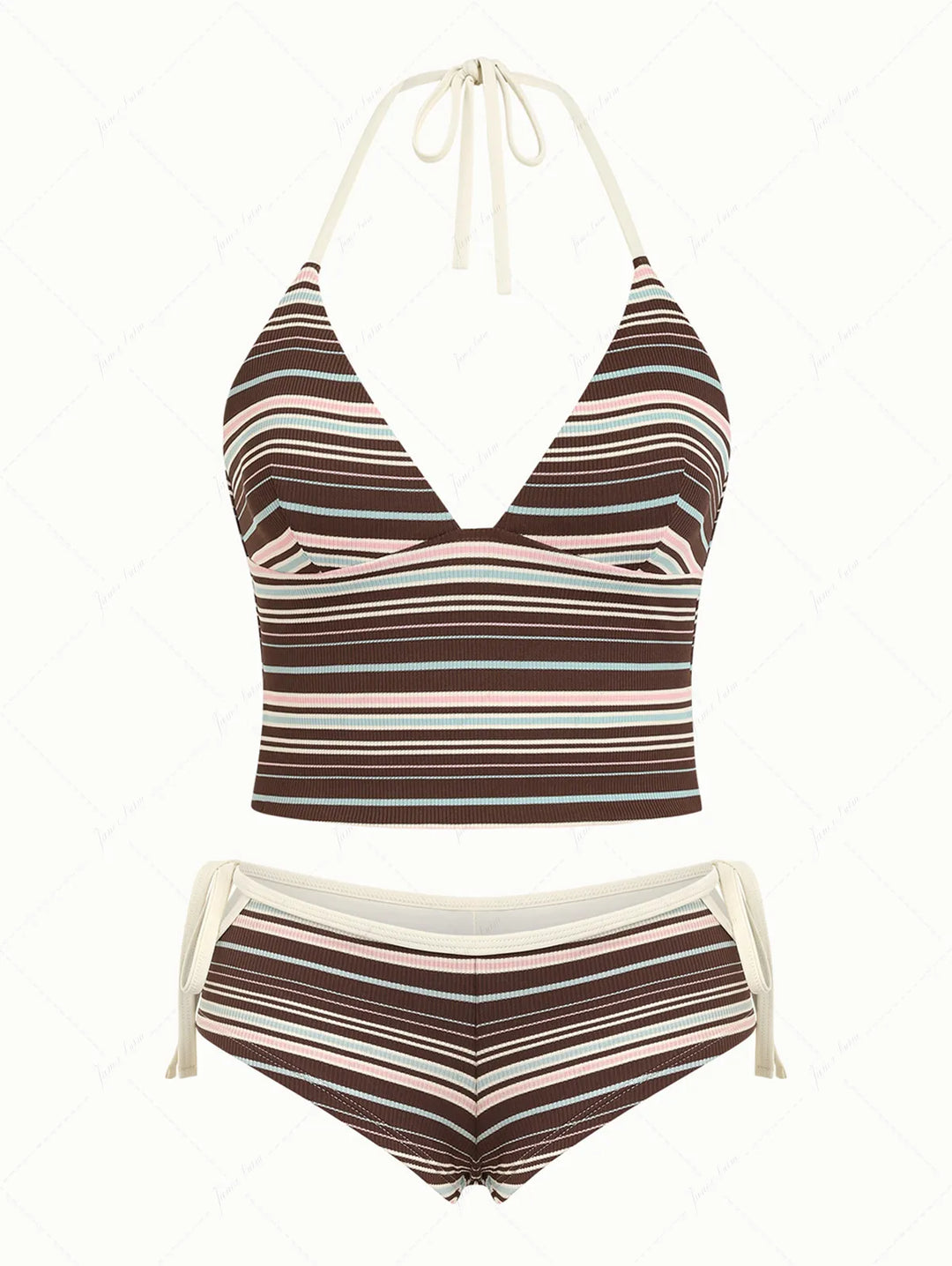 Deep Coffee Ribbed Striped Halter Tied Back Top & Cutout Tie Side Cheeky Boyshorts Tankini Set