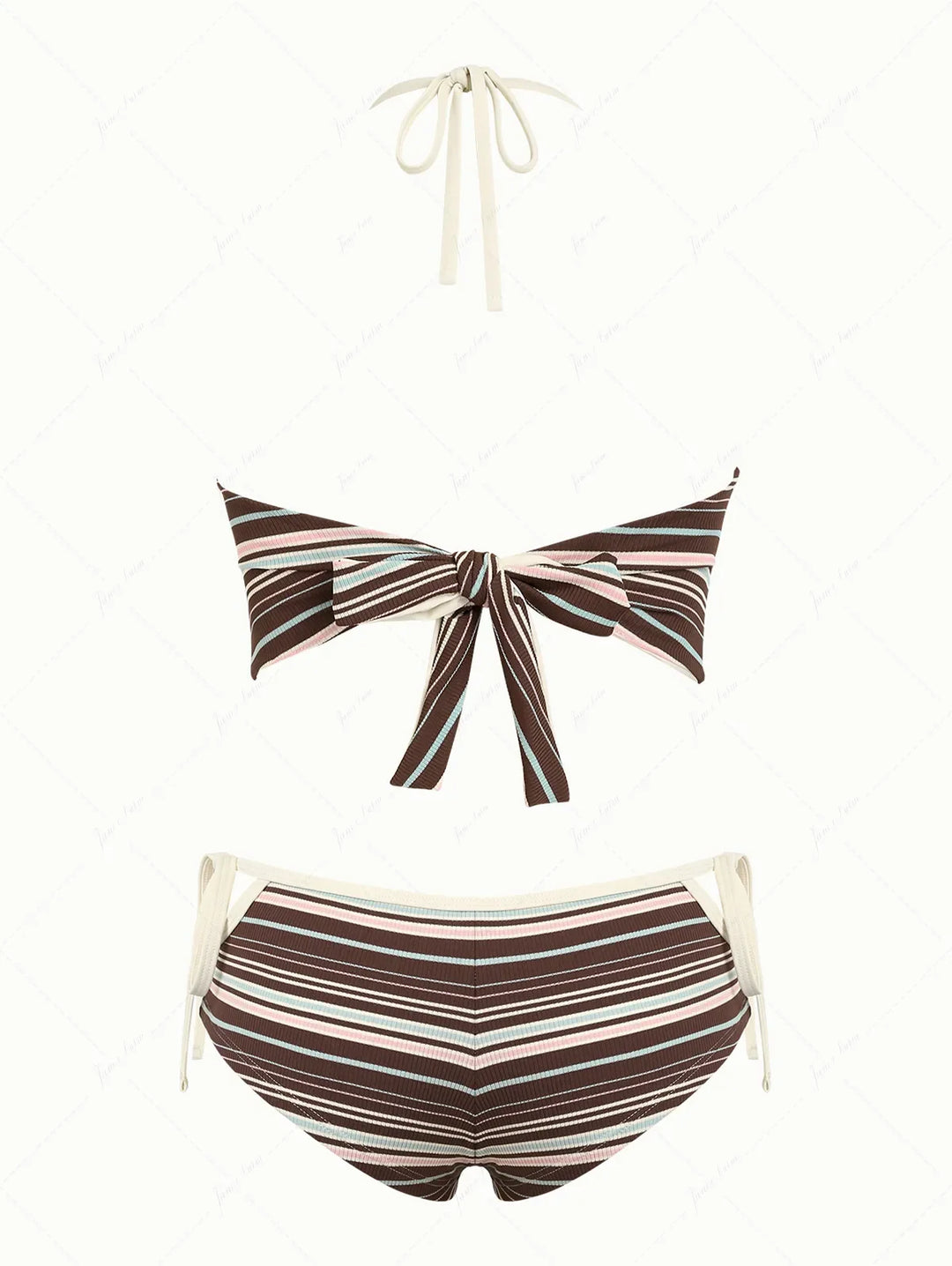 Deep Coffee Ribbed Striped Halter Tied Back Top & Cutout Tie Side Cheeky Boyshorts Tankini Set