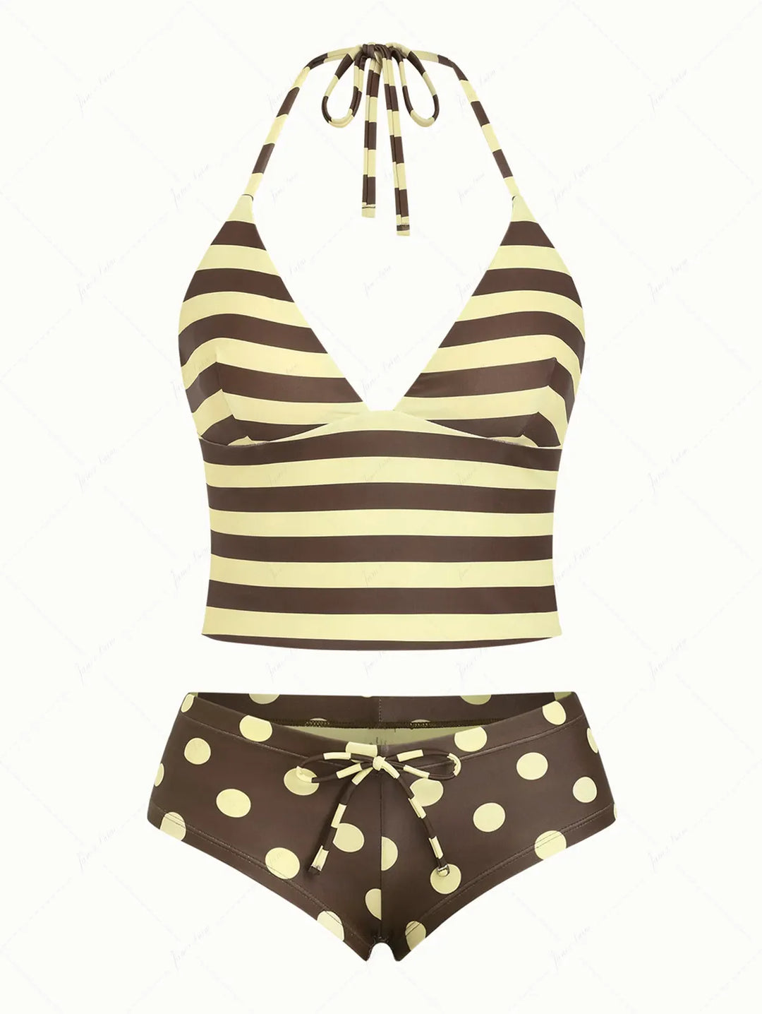 Coffee Striped Polka Dot Halter Tied Back Reversible Top & Cheeky Boyshorts Tankini Set