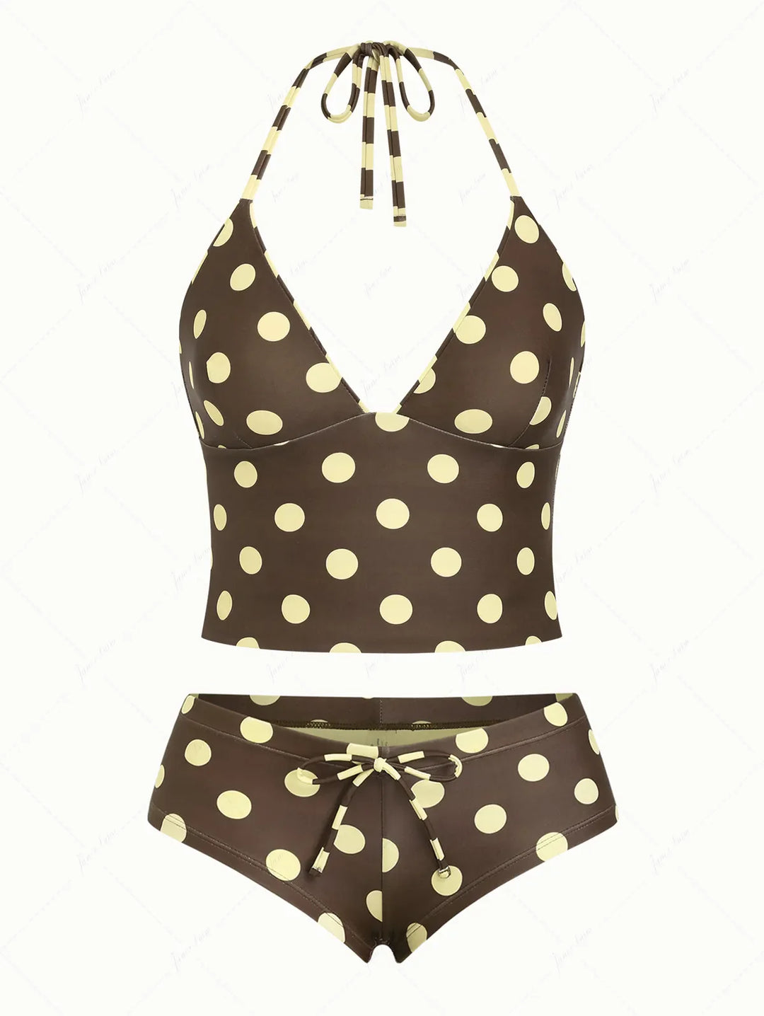 Coffee Striped Polka Dot Halter Tied Back Reversible Top & Cheeky Boyshorts Tankini Set