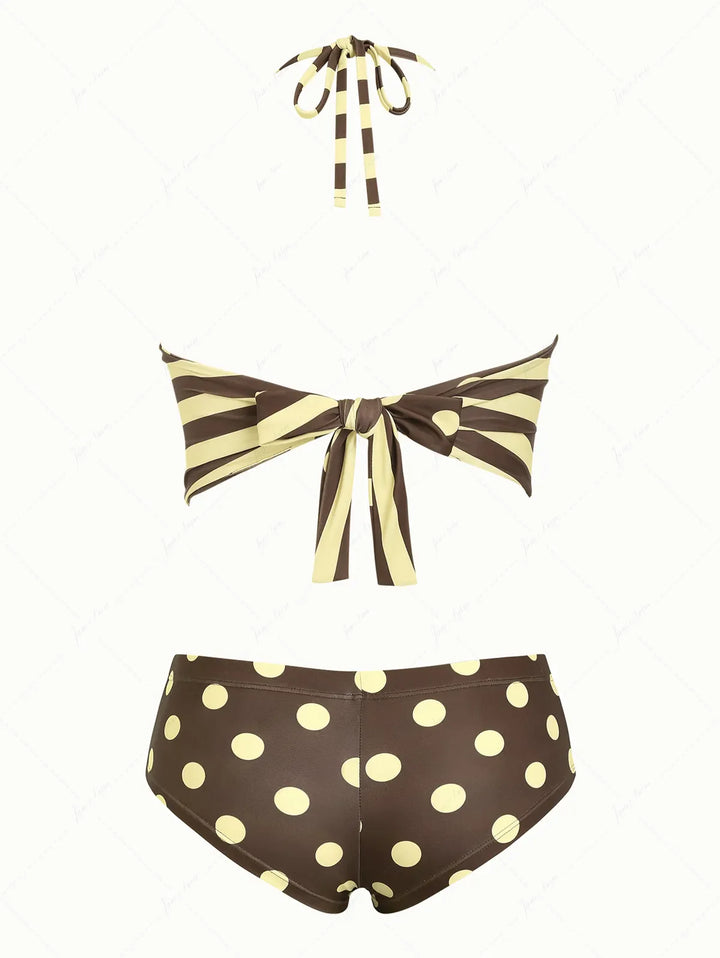 Coffee Striped Polka Dot Halter Tied Back Reversible Top & Cheeky Boyshorts Tankini Set