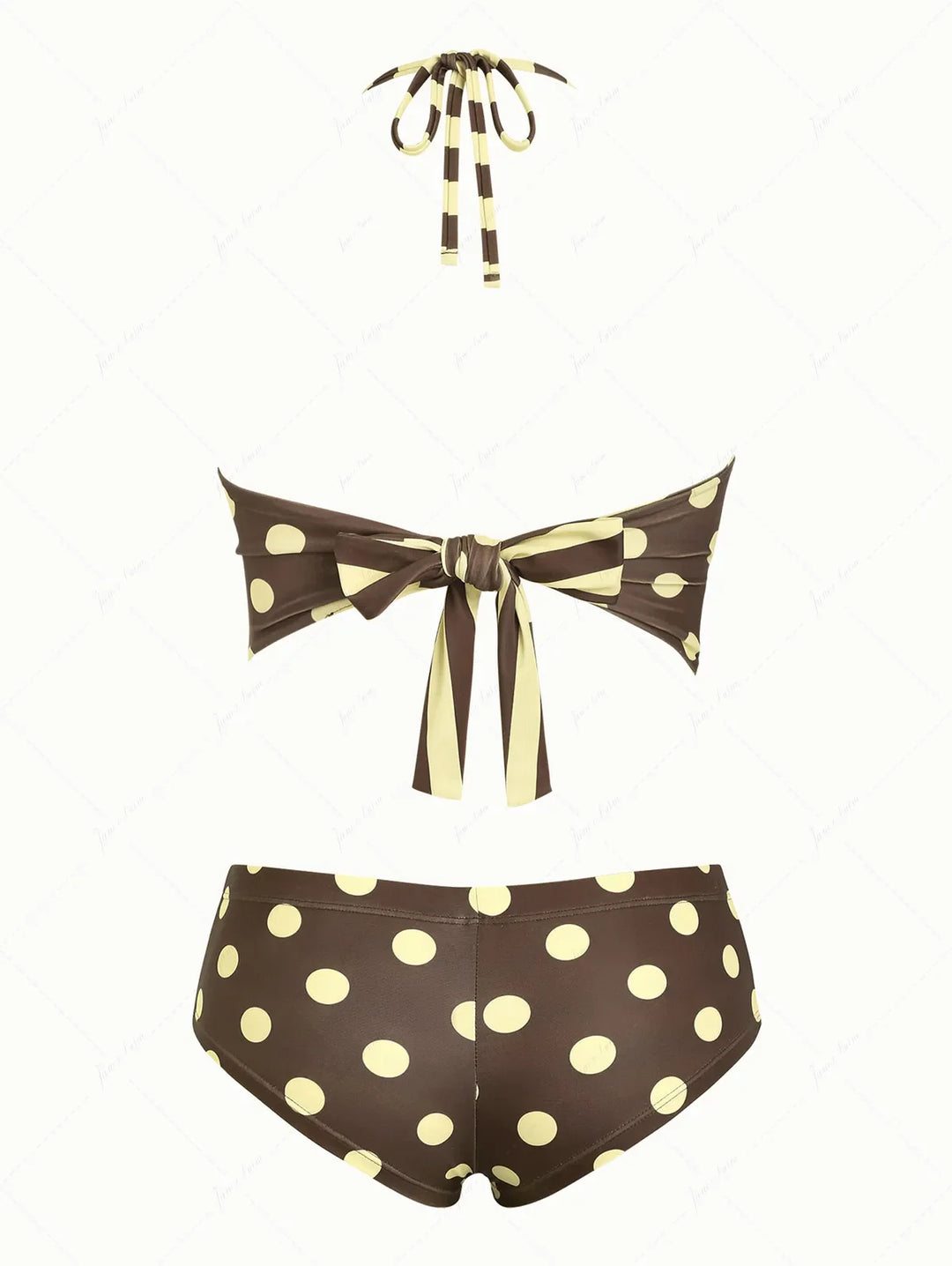 Coffee Striped Polka Dot Halter Tied Back Reversible Top & Cheeky Boyshorts Tankini Set